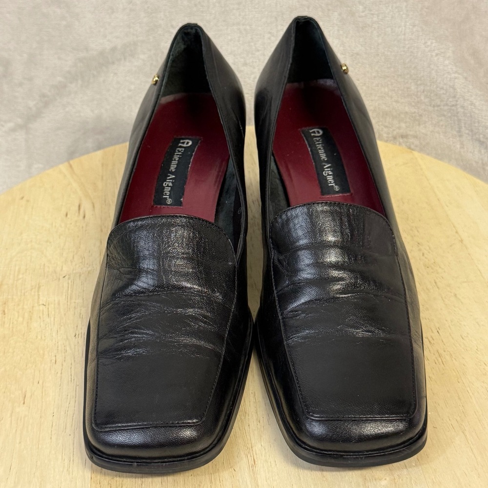 Etienne Aigner Status Black Leather Square Toe Block Heel Loafer Pumps Women 10M - Picture 2 of 16